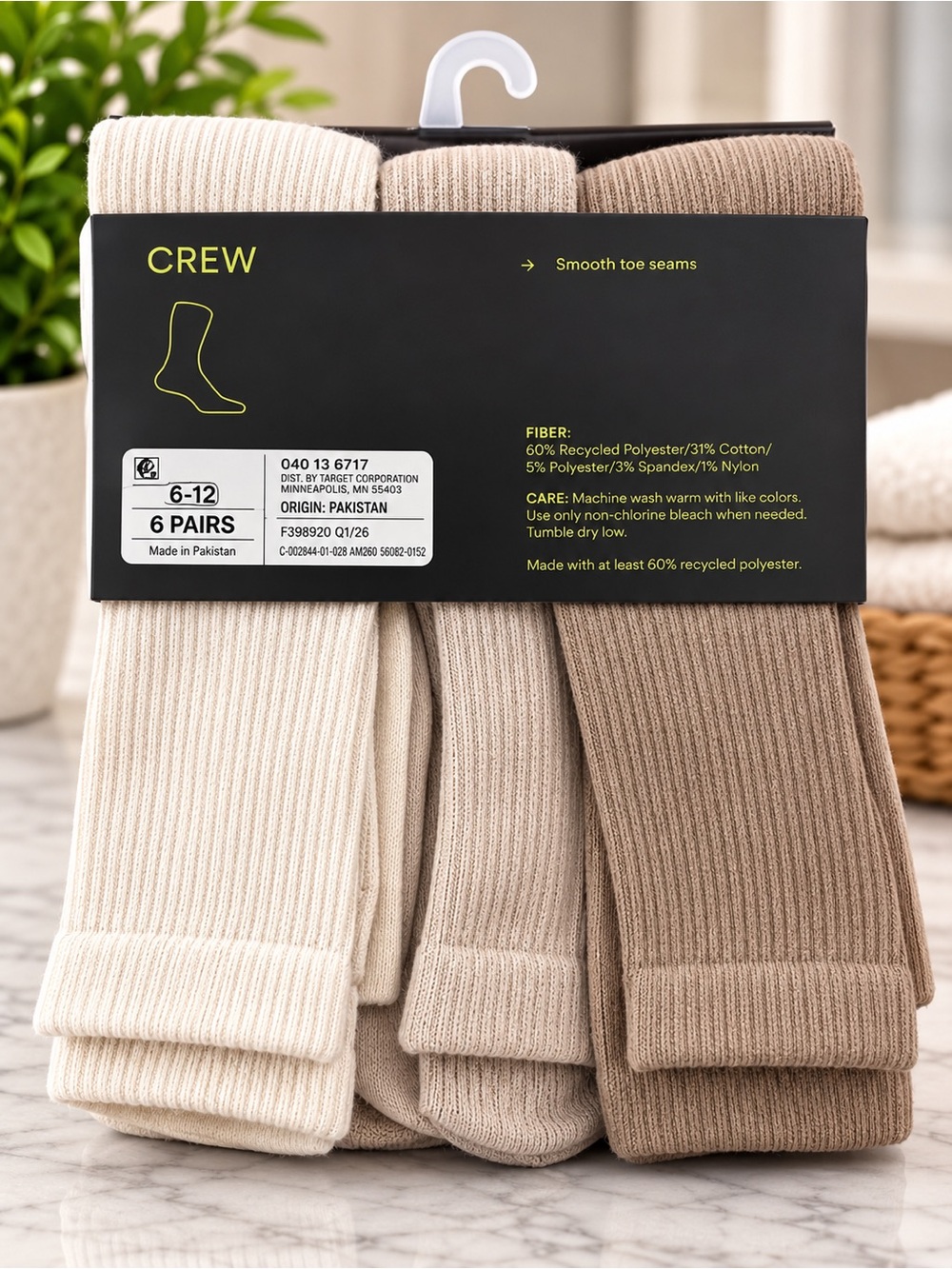 all in motion Ribbed Crew Socks 6-Pack in Cream, Beige & Tan